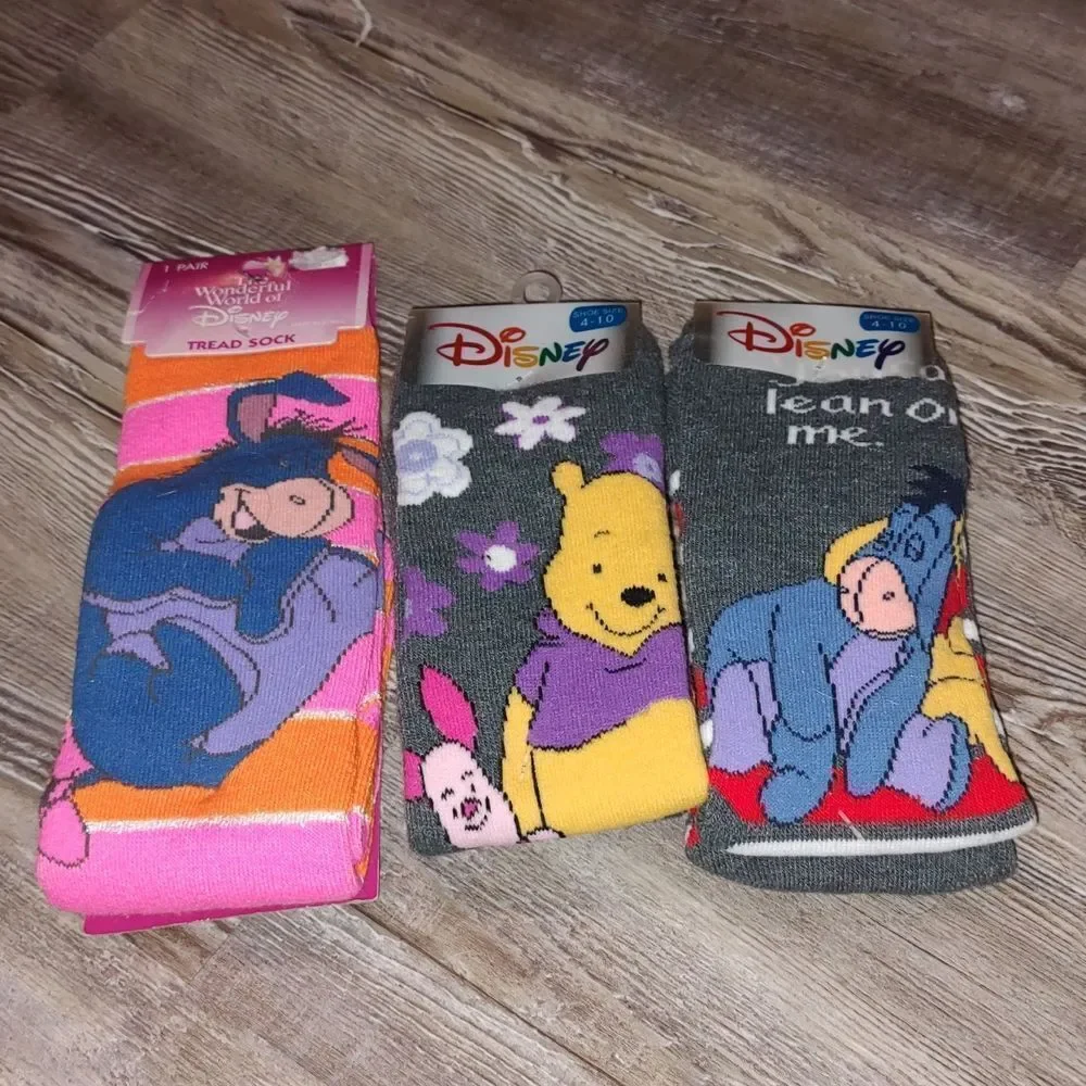 Disney tread socks tall thick socks Sz Adult 4-10 all new Eeyore Pooh Piglet